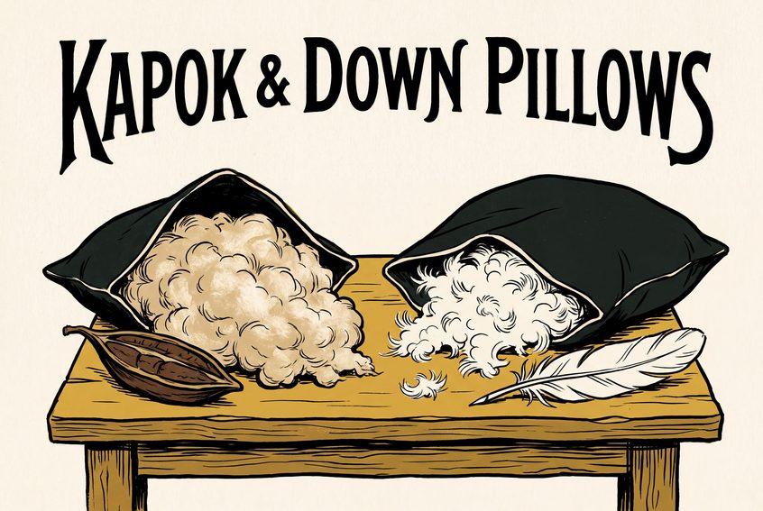 Two opened pillows side by side. The left one holds a dense heap of pale tan kapok fiber next to a split kapok seed pod. The right one holds loose, puffy white down clusters next to a single feather.