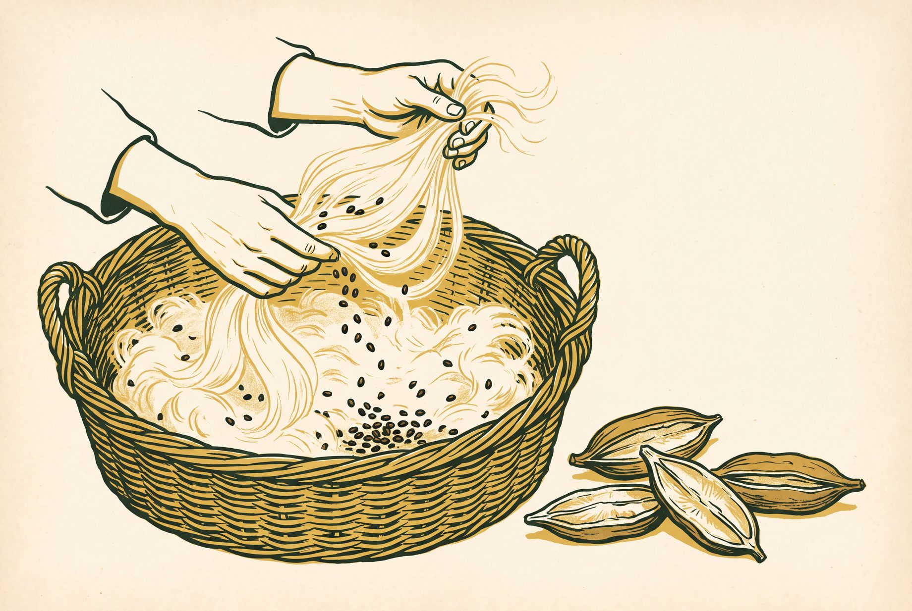 Hands stir a basket of silky kapok fluff pulled from woody pods, letting small black-brown seeds fall to the bottom while the loose fiber separates on top.