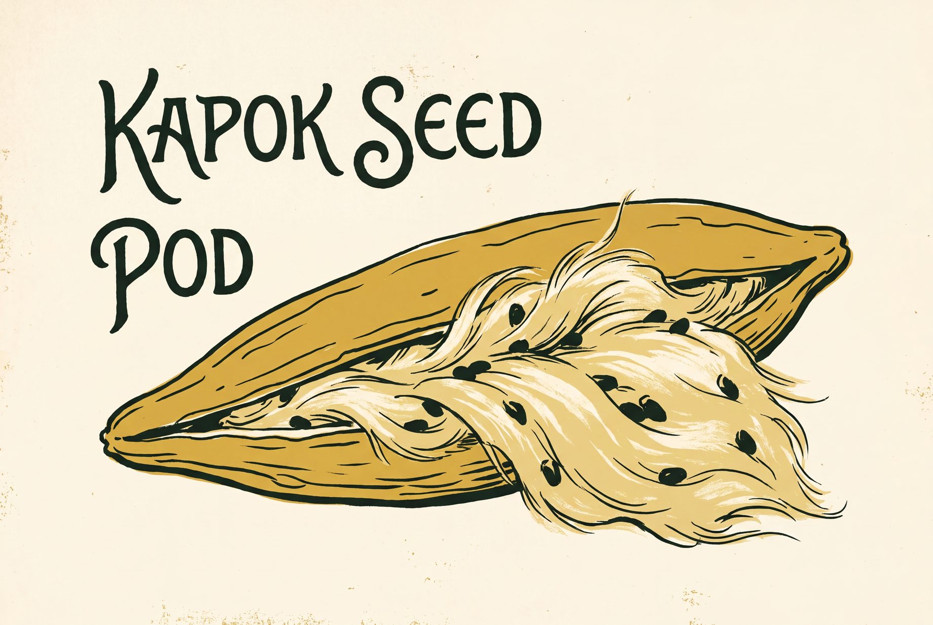 Illustration of an opened brown seed pod shaped like a long oval, with a cloud of pale yellowish fiber pouring from the split and several small black seeds tangled in it.
