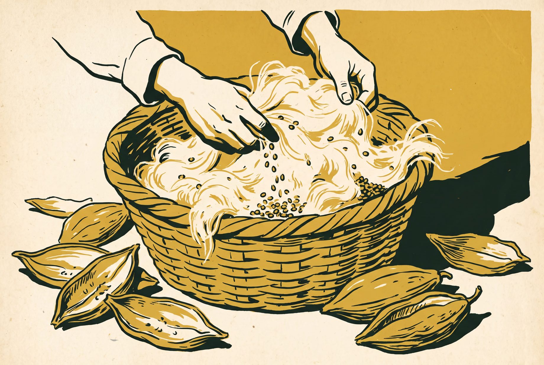 Hands stirring a basket of loose pale kapok fiber mixed with seeds, the seeds settling at the bottom, with sun-dried pods and removed hulls lying beside it.