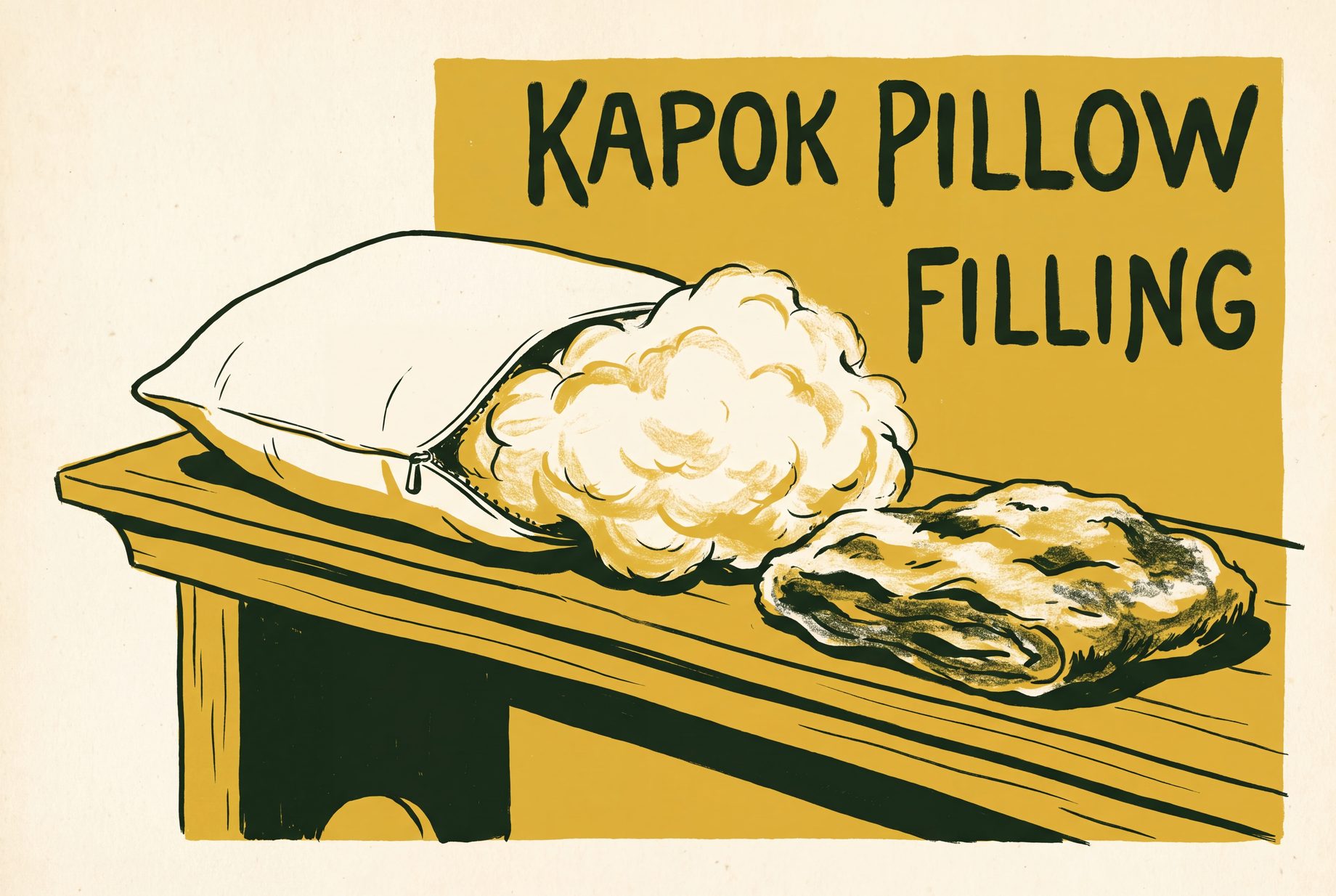 A half-open cotton pillow on a wooden bench. Beside it sit a loose, airy tuft of pale kapok and a flat, matted lump of the same fibre, showing loose fill next to clumped fill.